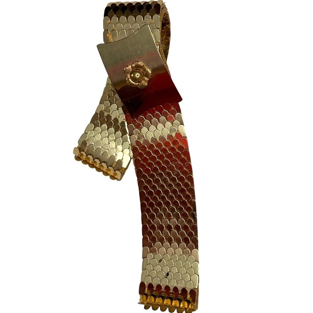 Vintage Gold-Tone Metal Mesh Belt With Floral Clasp Adjustable Size Retro 3n